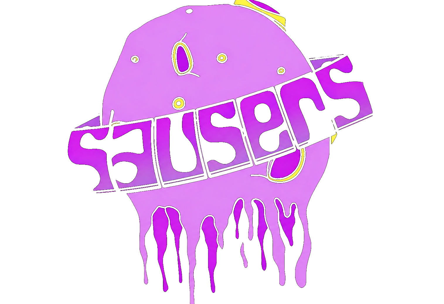SAUSERS — druppende paarse planeet met banner